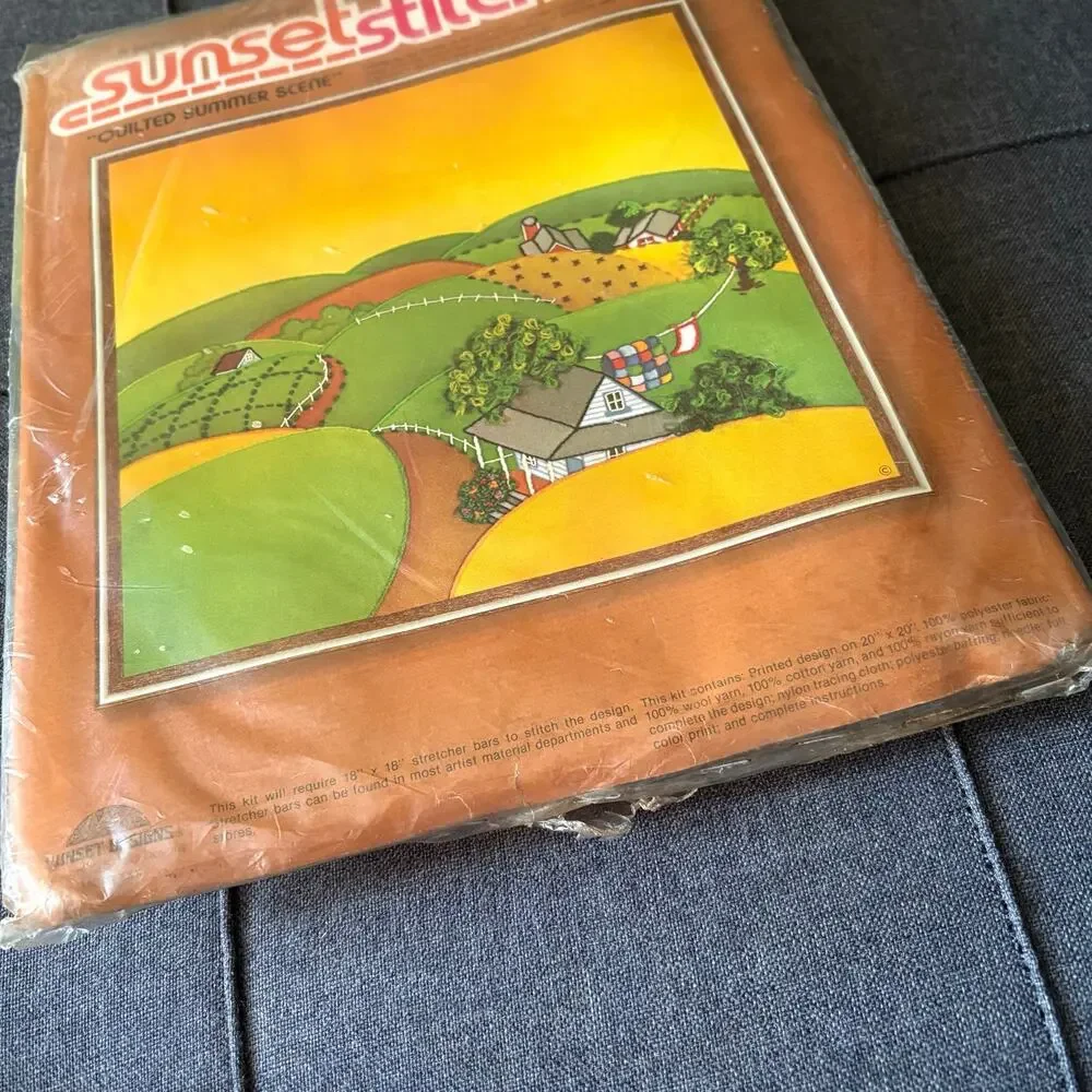 Quilted Summer Scene Vintage Stamped Embroidery Kit by Sunset Stichery - 1970s